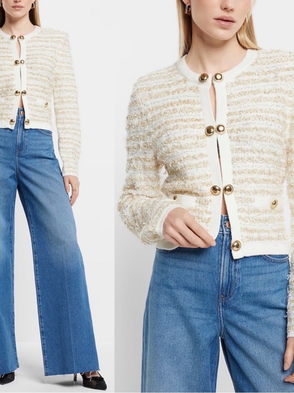 Express Metallic Novelty Button Front Sweater Jacket in Ivory & Gold T07
